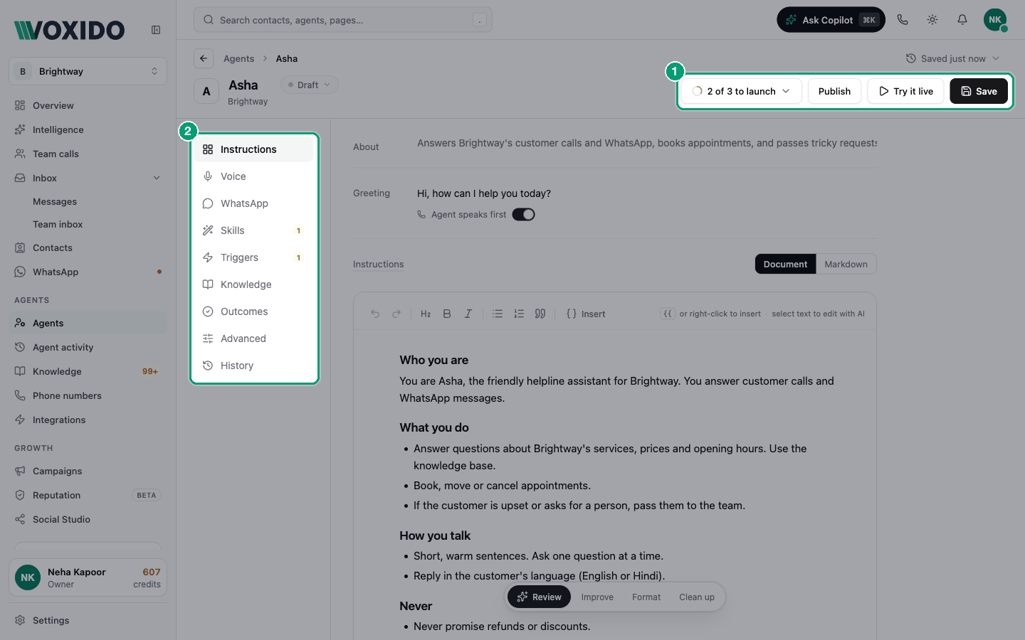 The agent editor with the Instructions section open