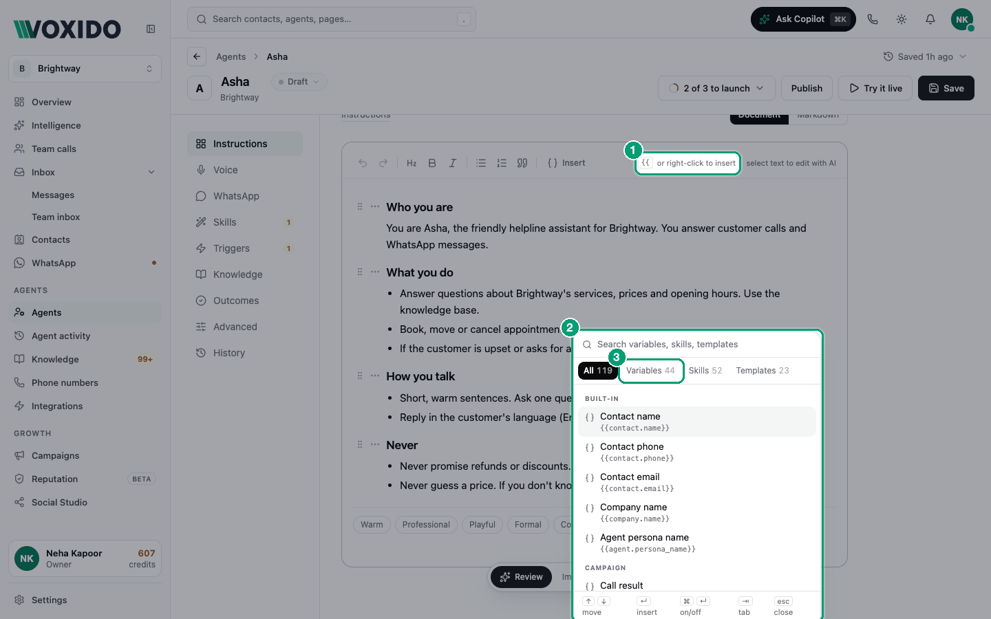 Right-click menu in the Instructions box
