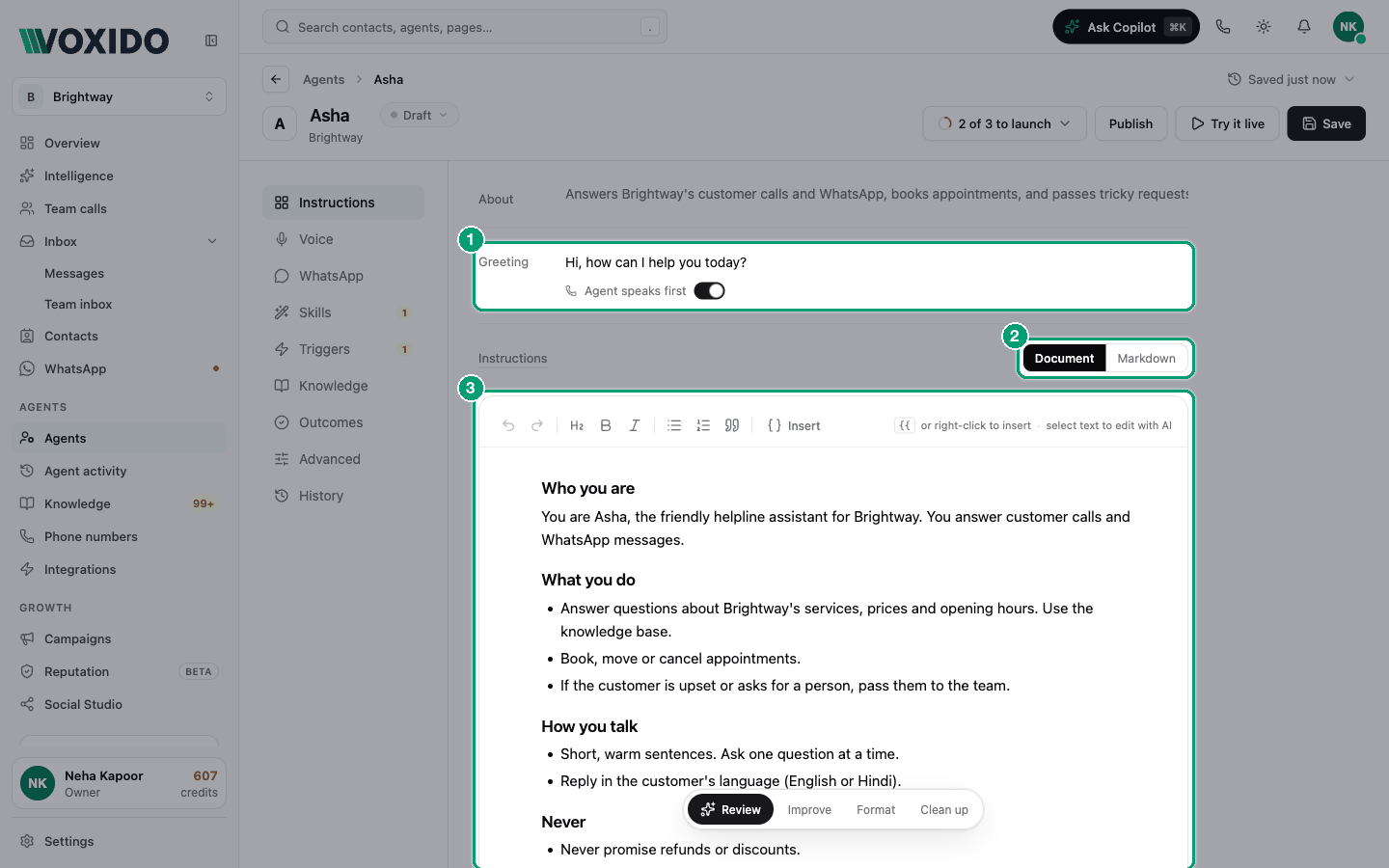 Agent editor — Instructions section