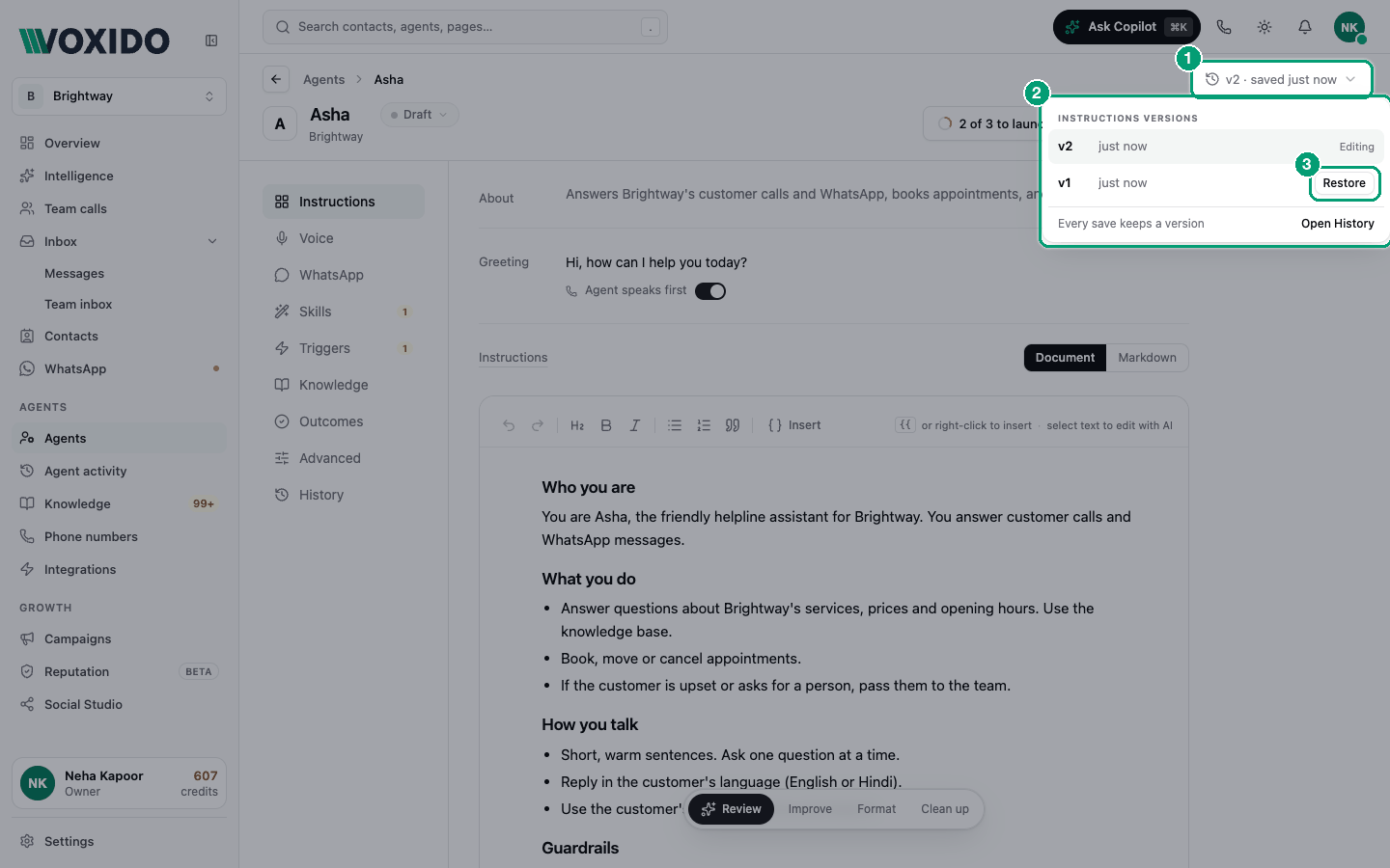 Instructions versions menu