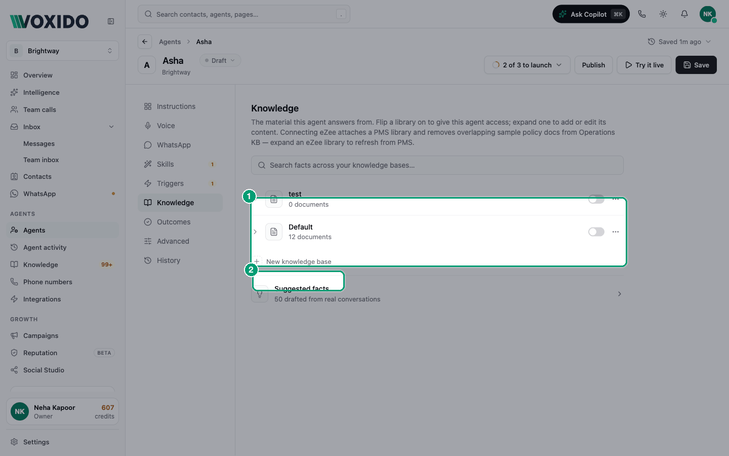 Agent editor — Knowledge section