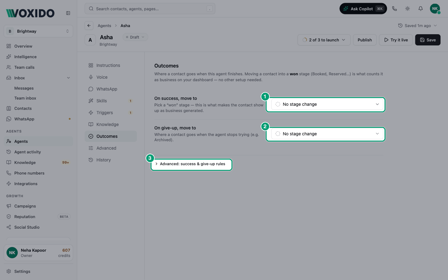 Agent editor — Outcomes section