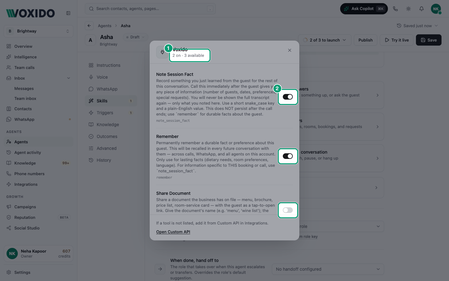 Your apps window with a connected app's skills