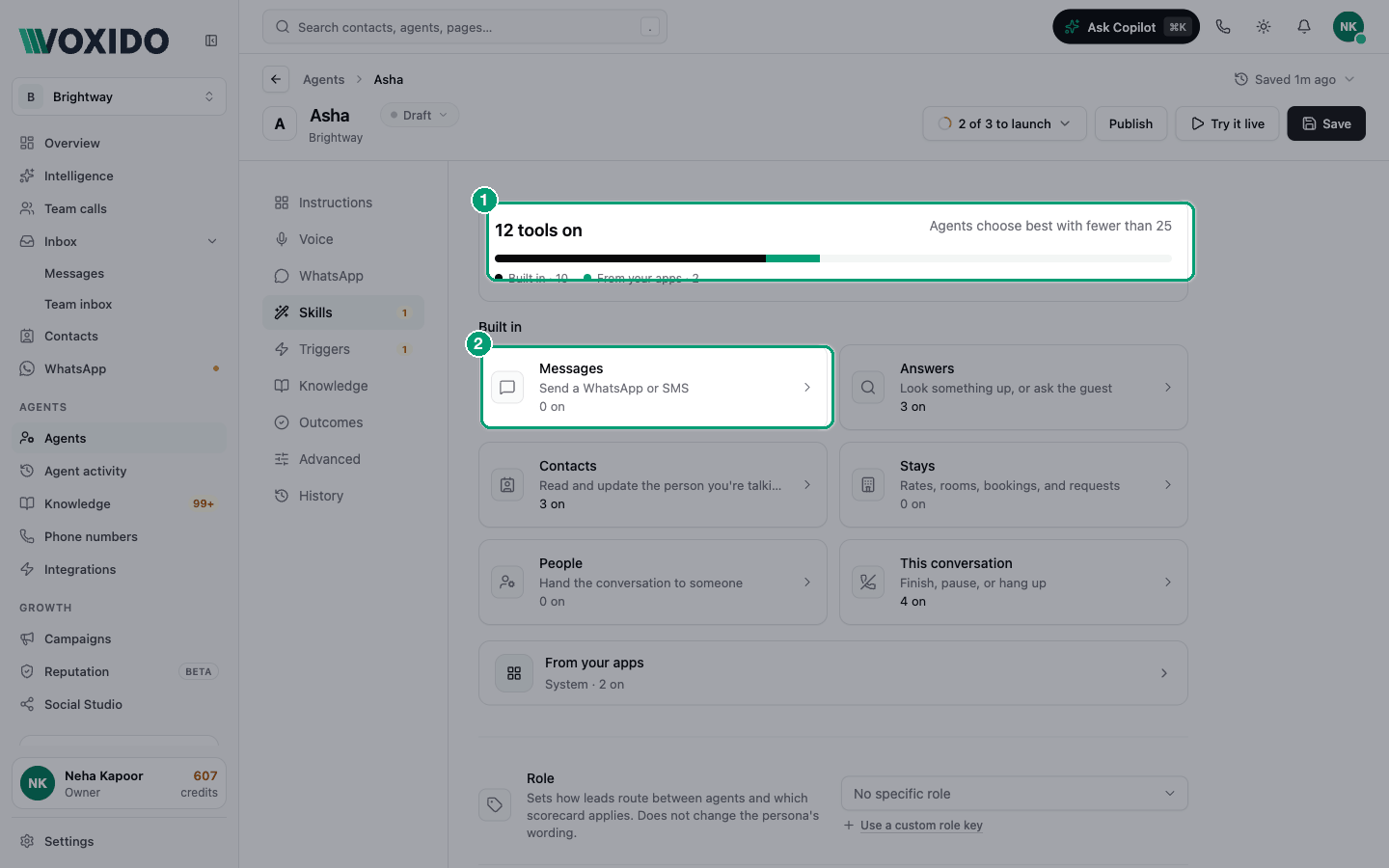 Agent editor — Skills section