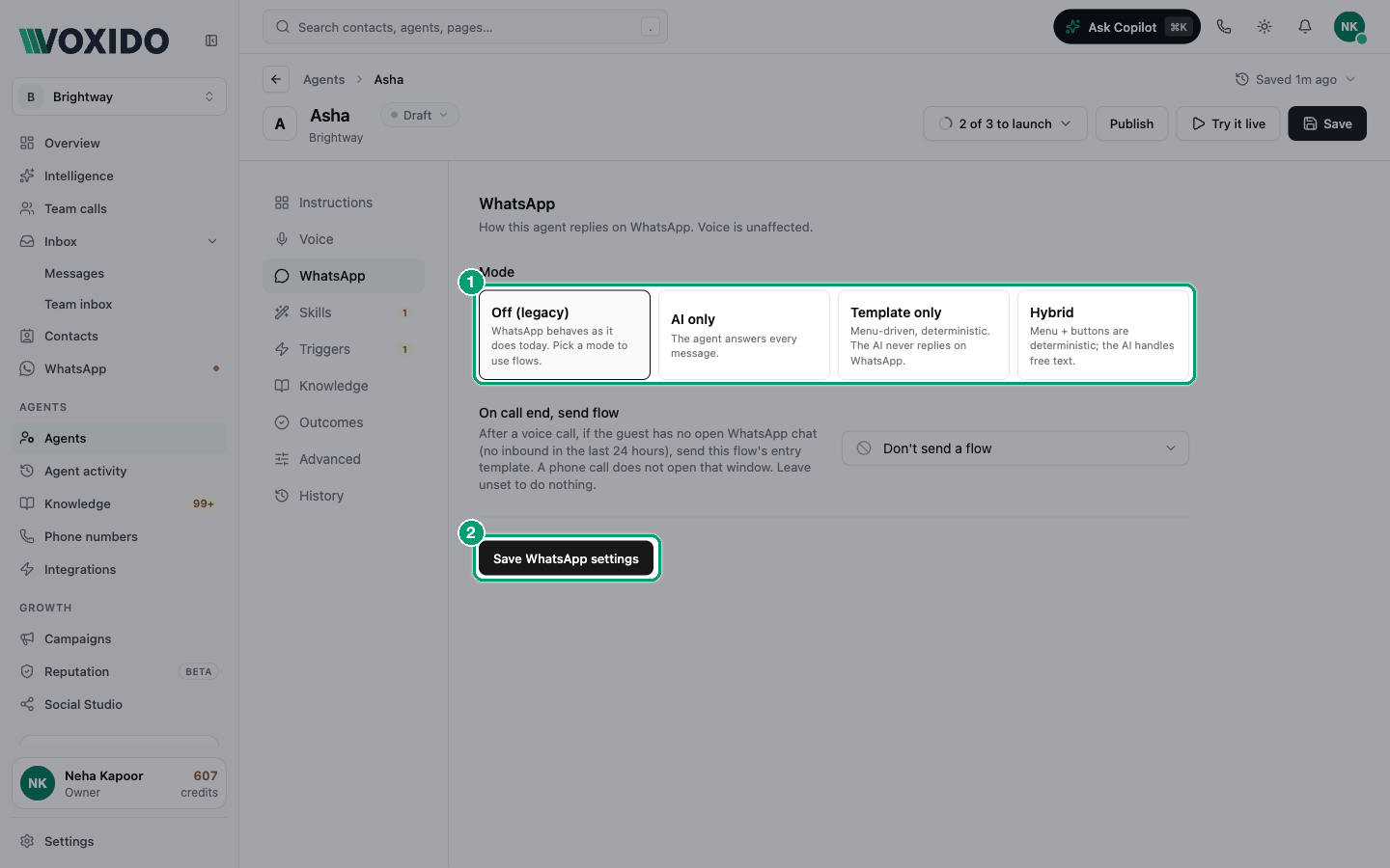 Agent editor — WhatsApp section