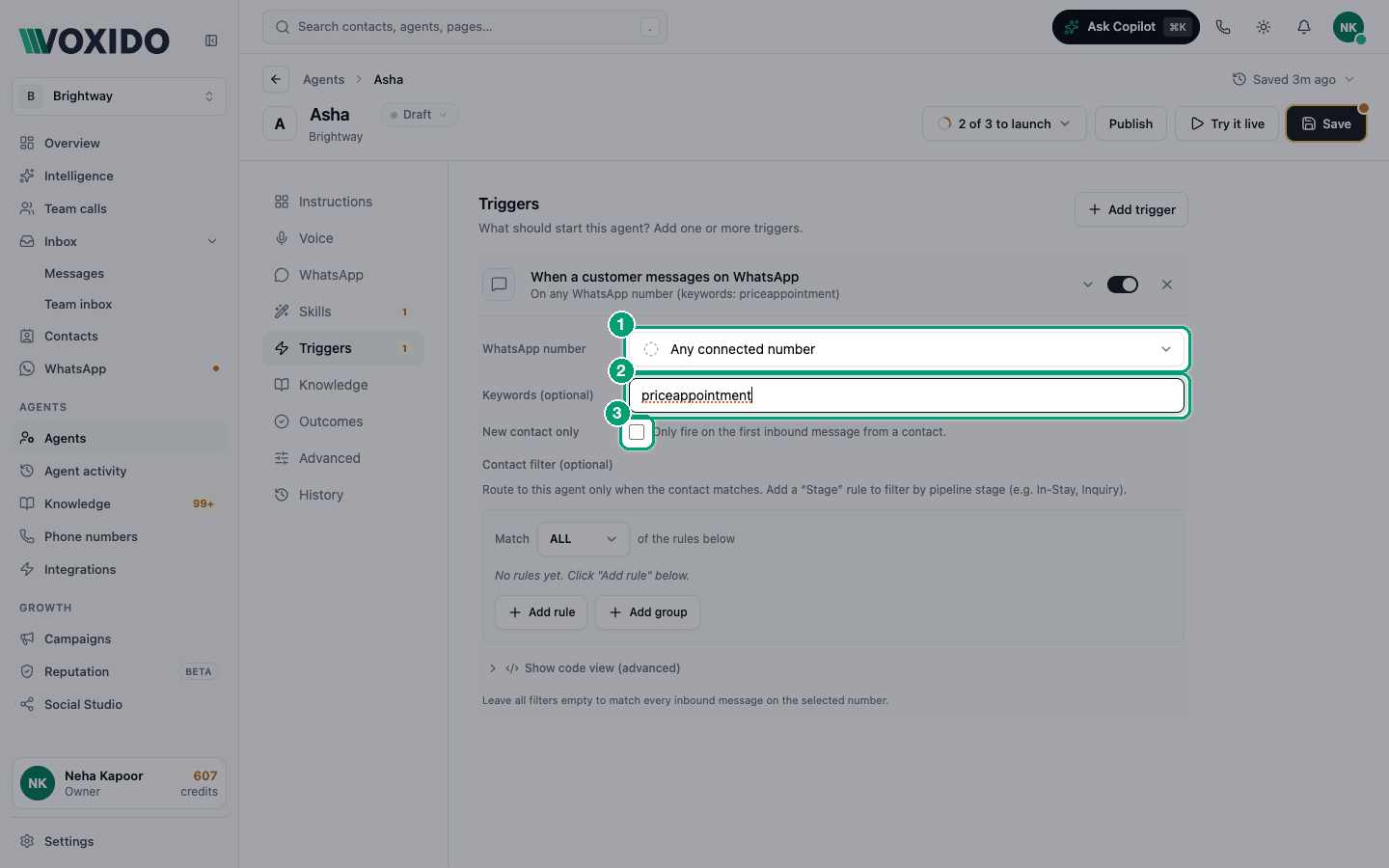 WhatsApp inbound trigger settings