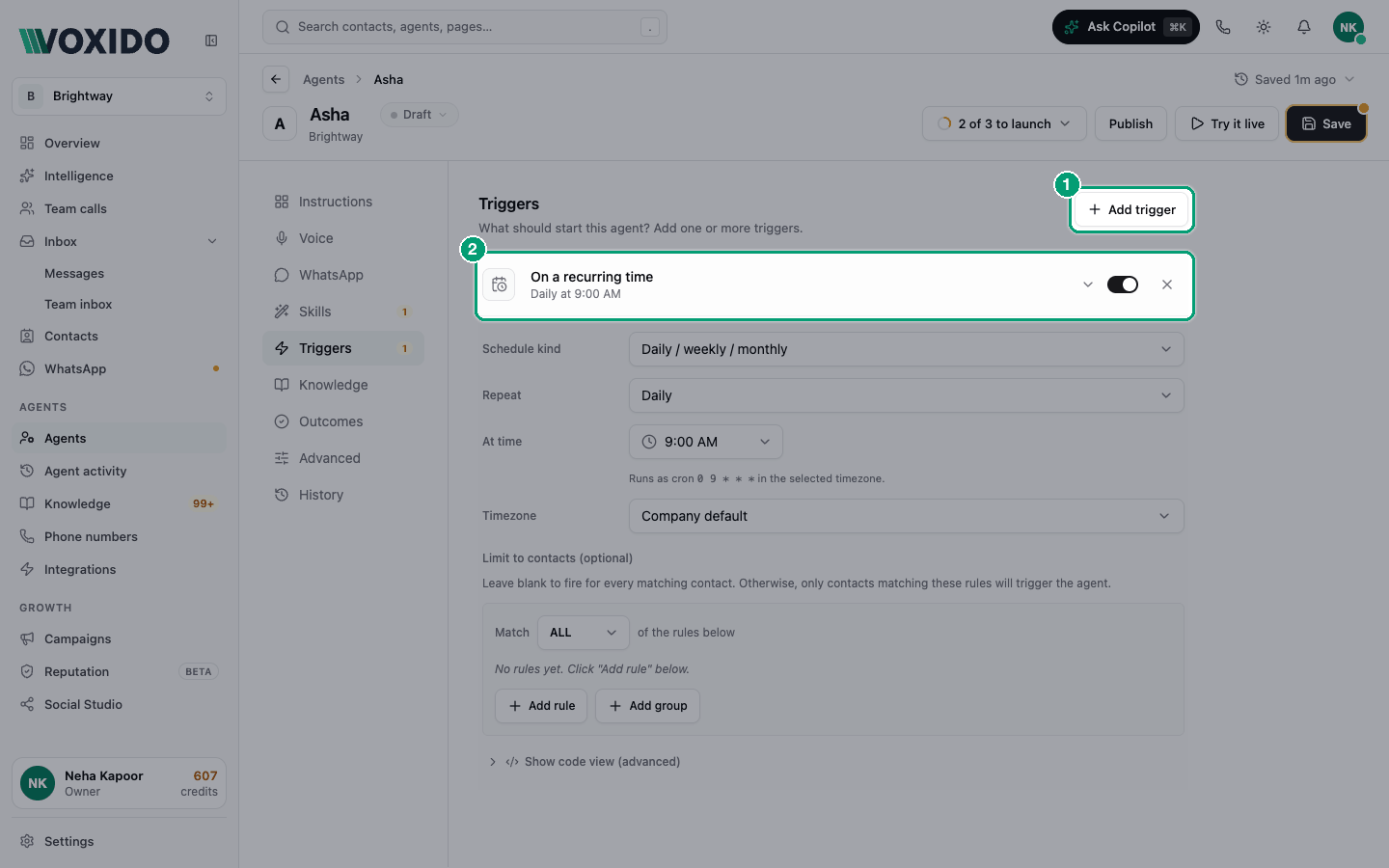 Agent editor — Triggers section