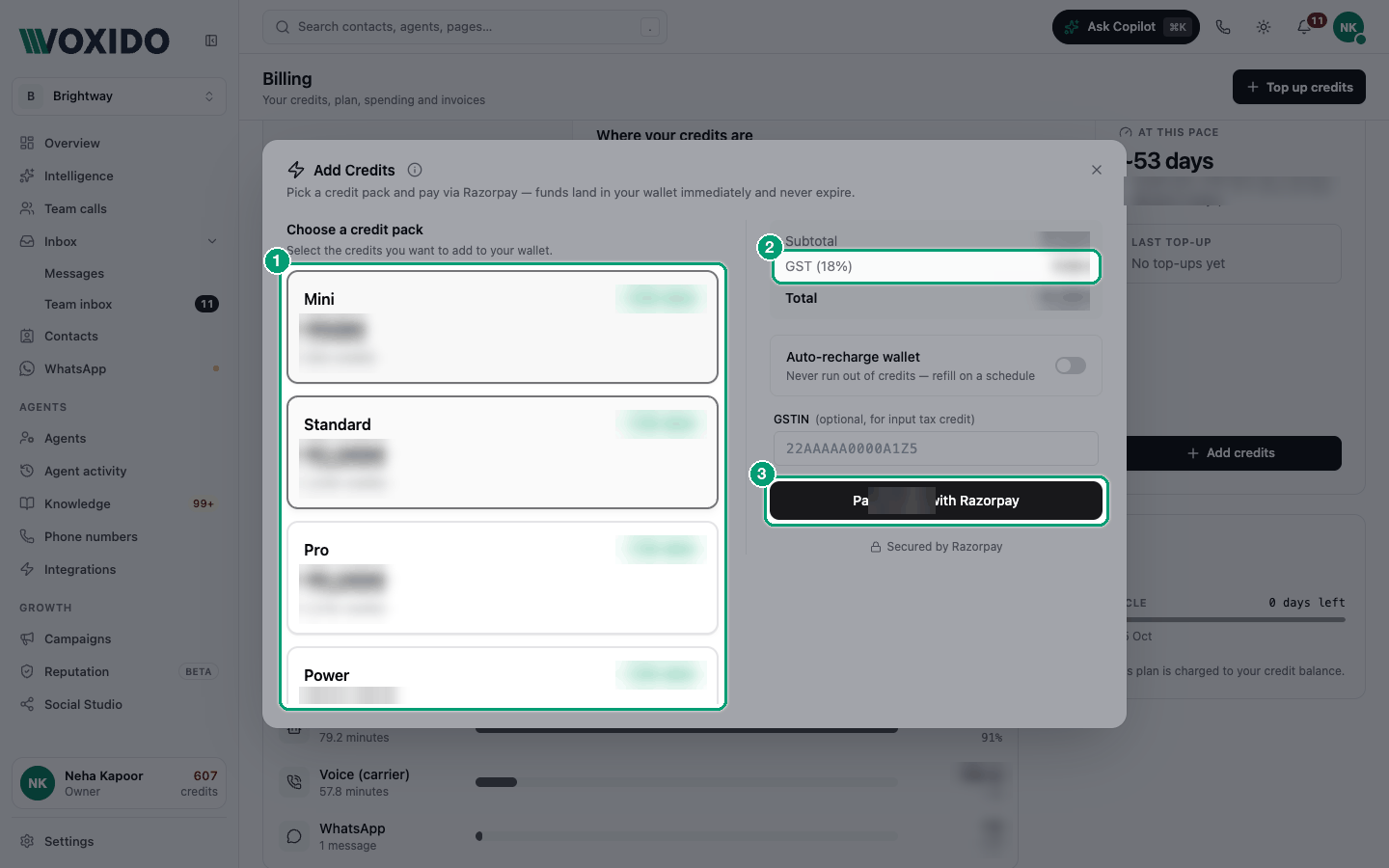 Add Credits window with packs and the price breakdown