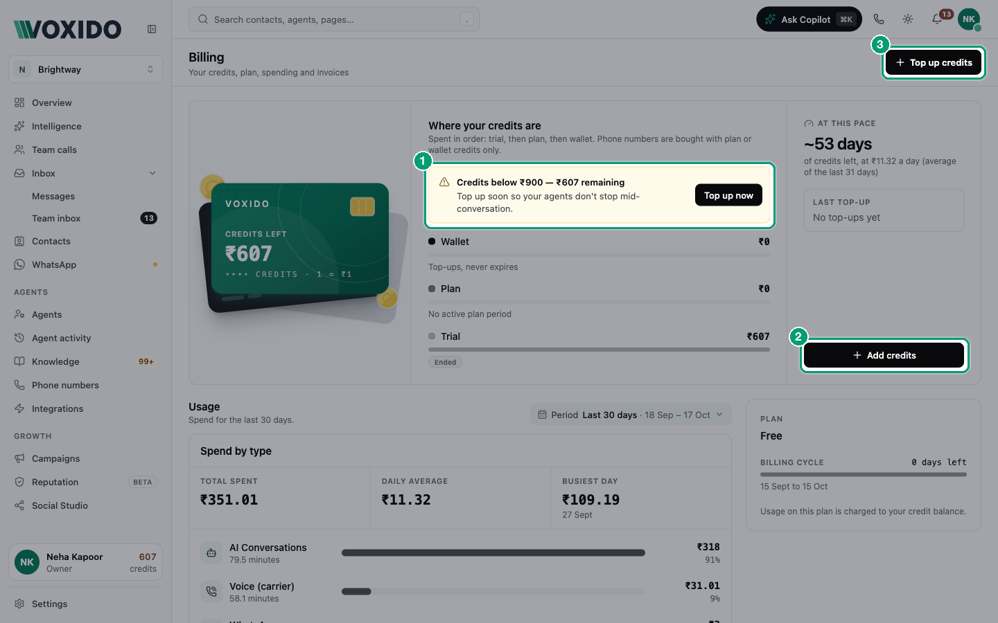 The Billing page with credits left and where they come from