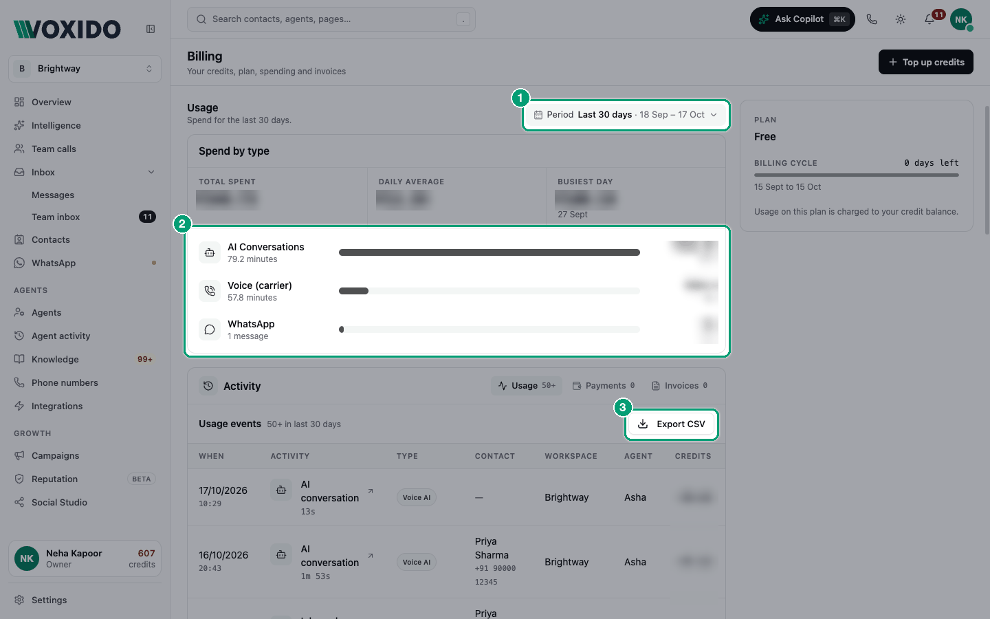 Billing usage with spend by type and the usage table