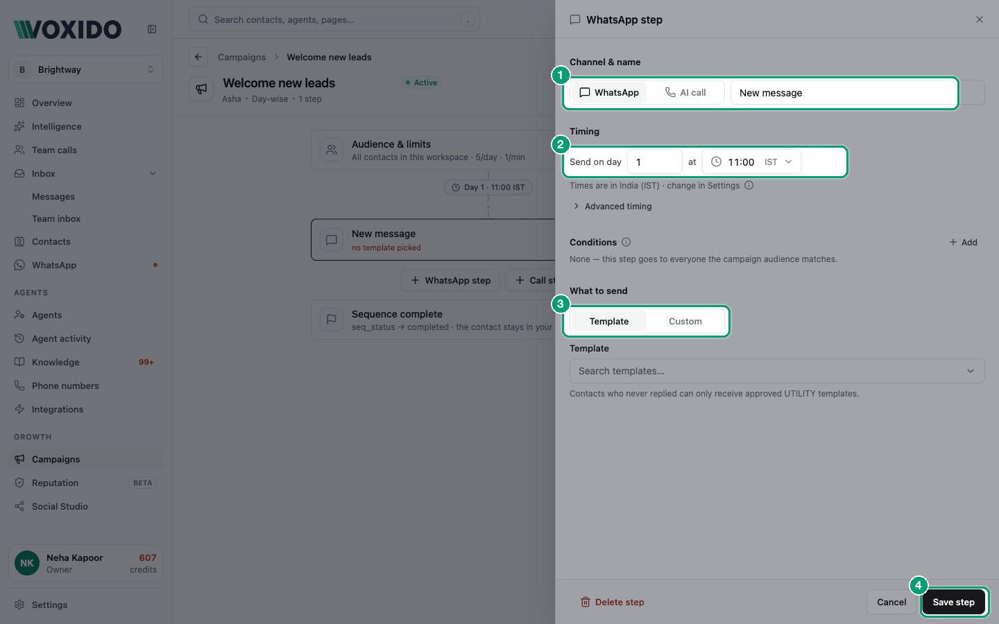 WhatsApp step panel