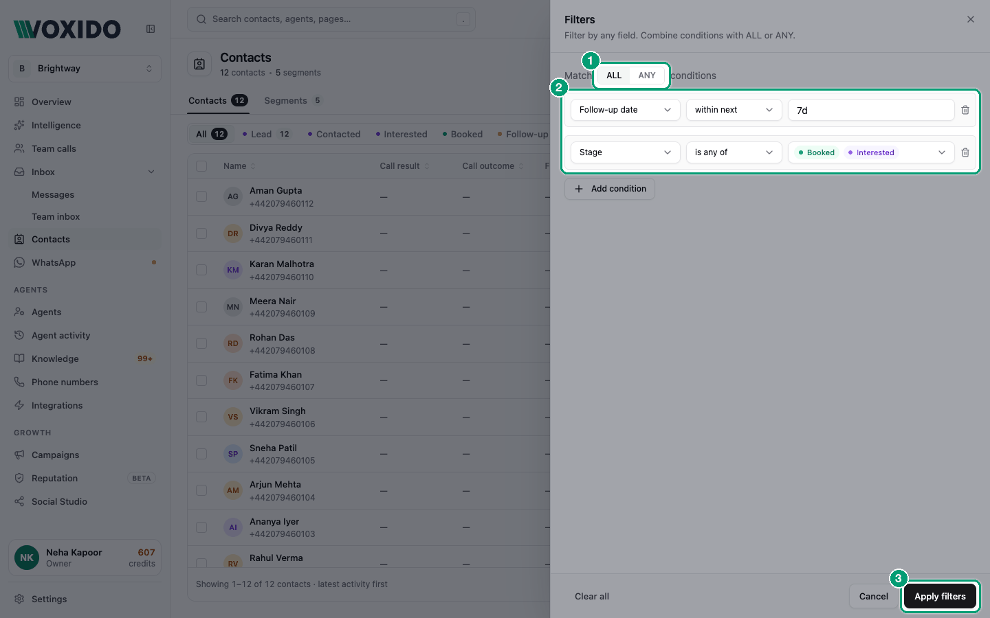 Advanced filters panel