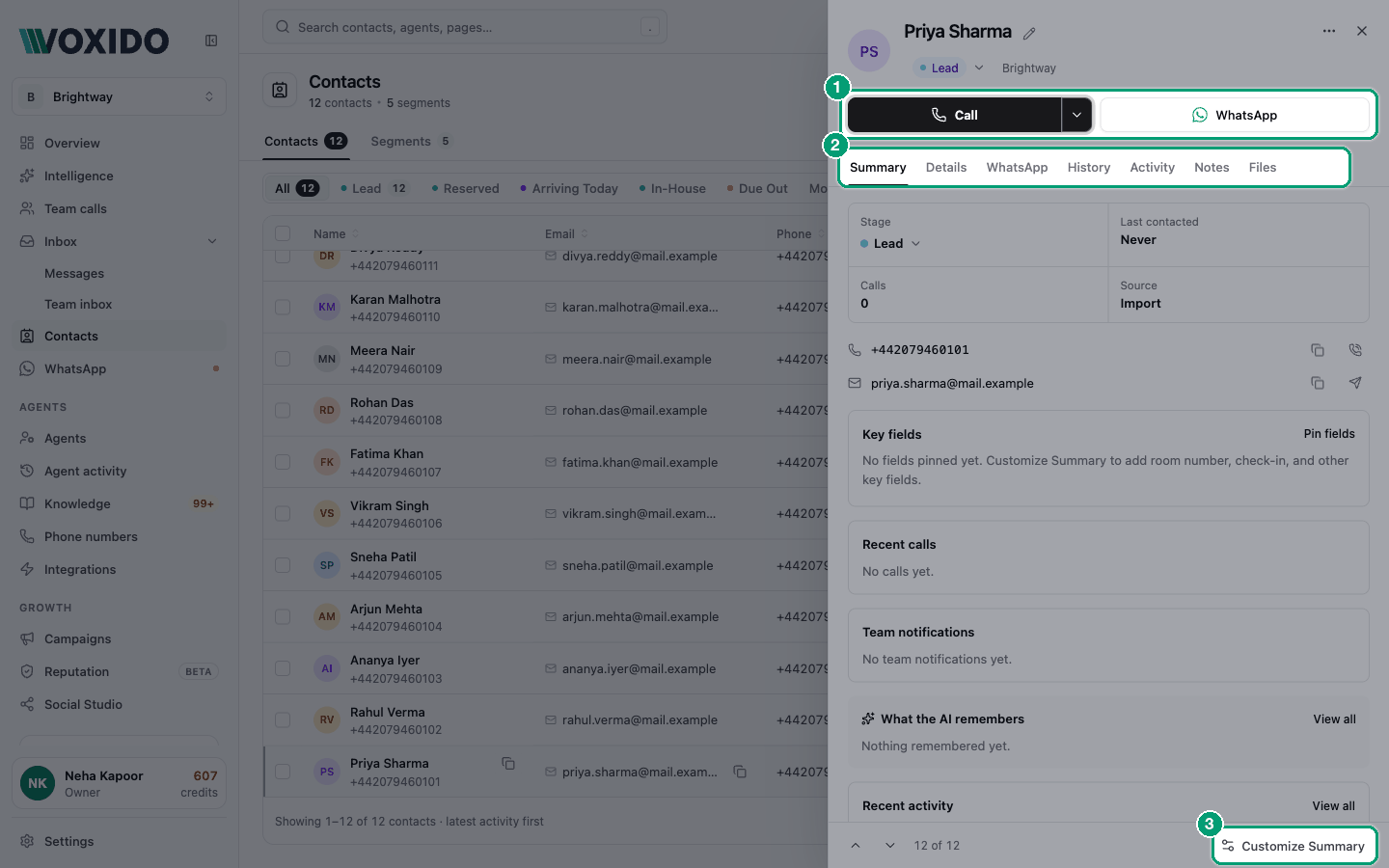 Contact panel open on the Summary tab