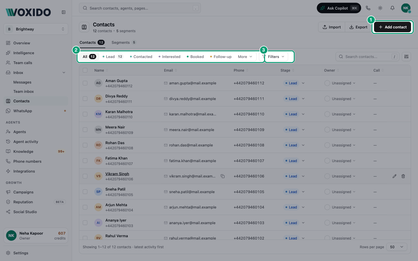 Contacts page with the stage tabs, Filters, search and table