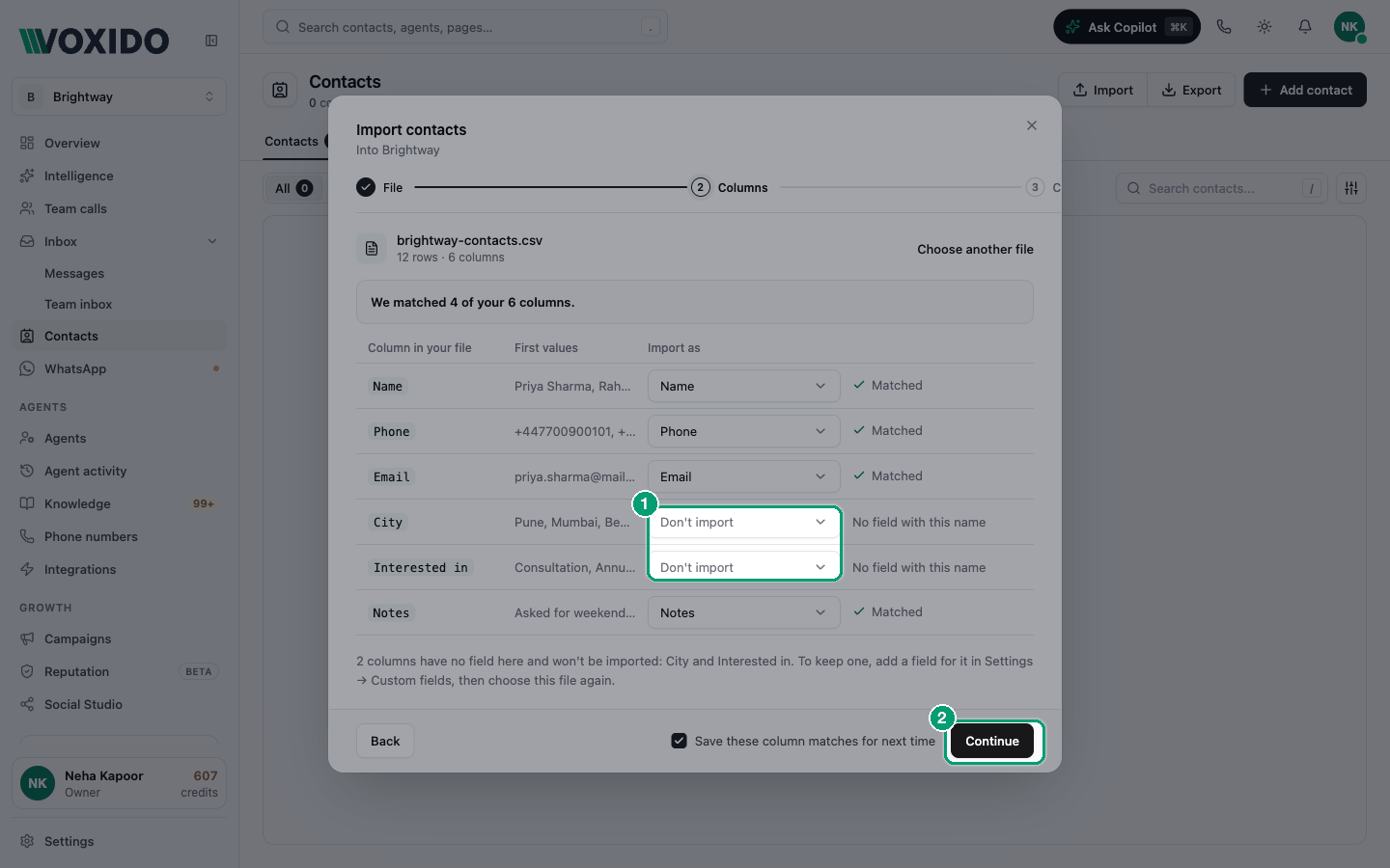 Import contacts, Columns step