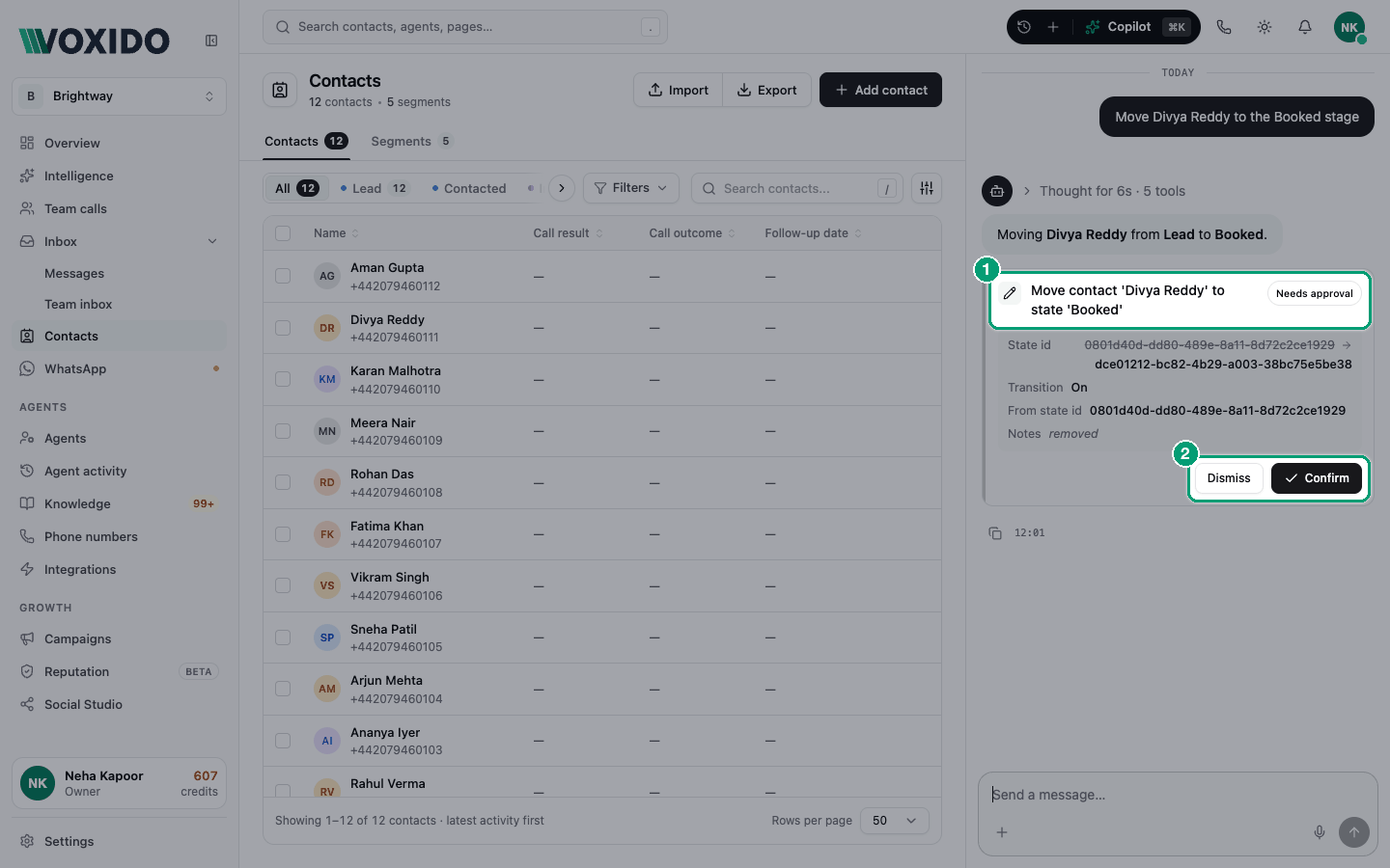 A Copilot approval card with Confirm and Dismiss