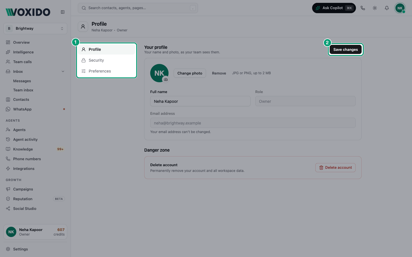 Your profile page with name, photo and role