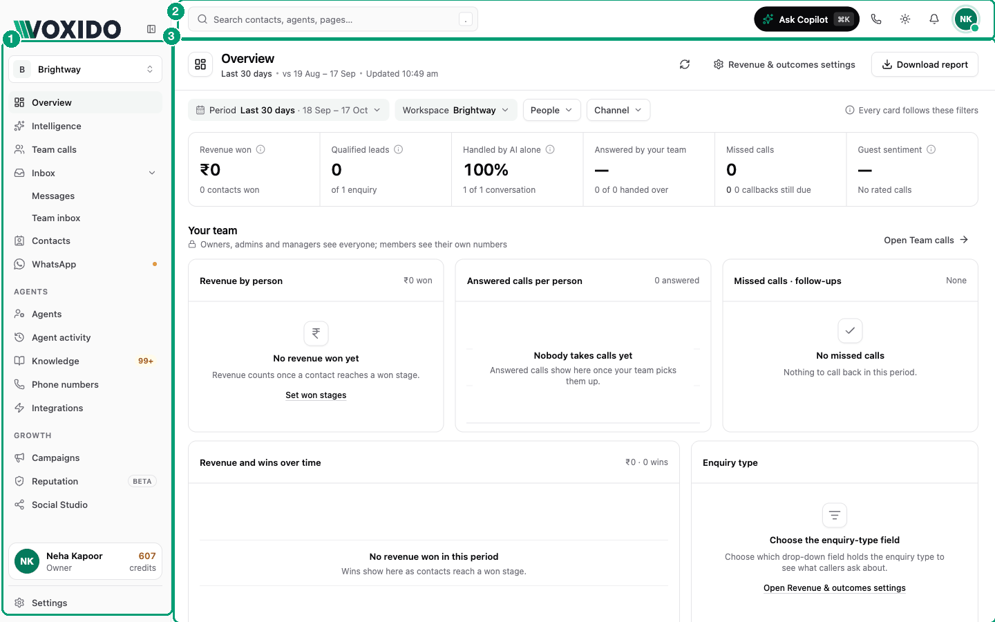 The Voxido app: sidebar, header and the Overview page