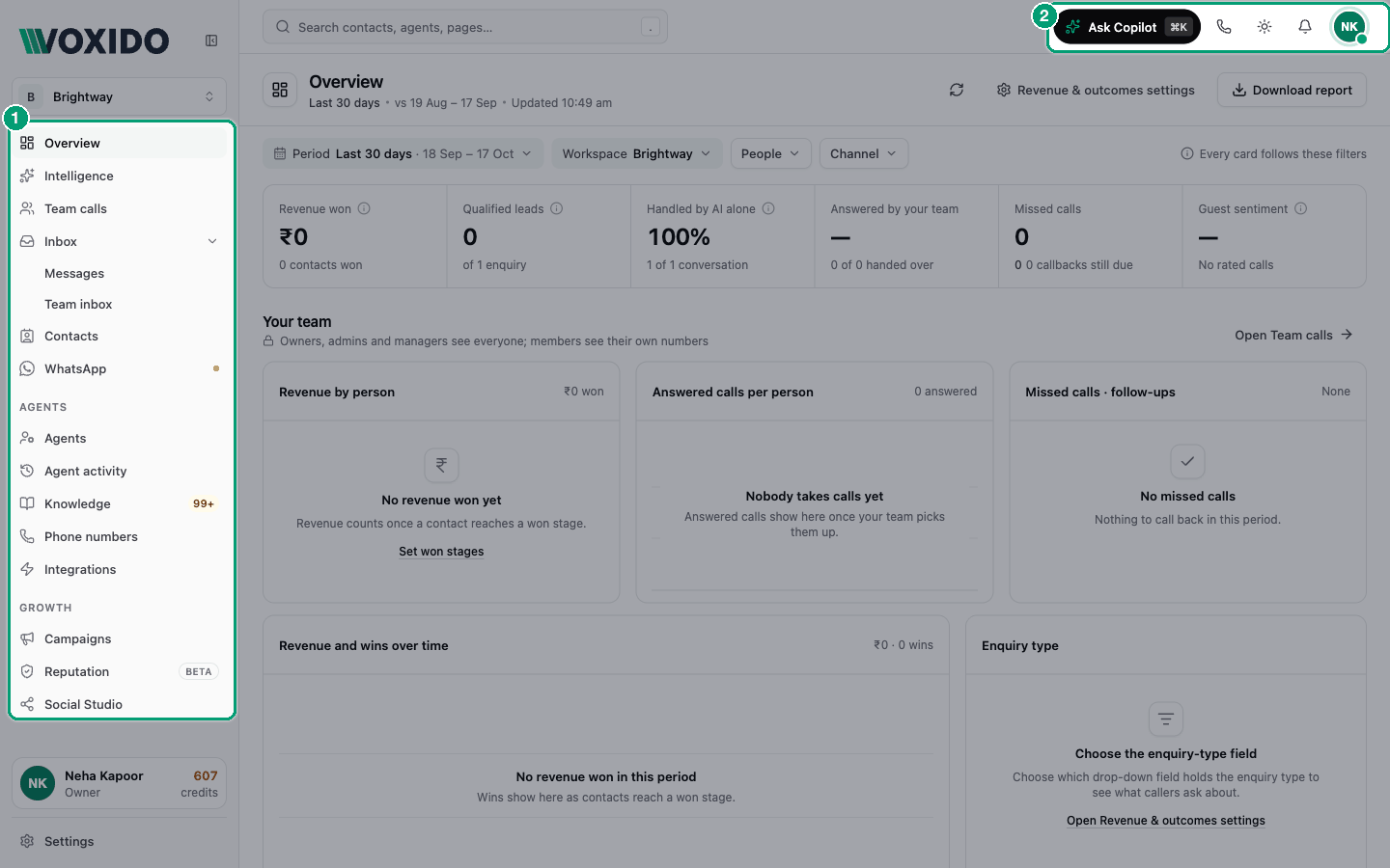 The Voxido app with the sidebar on the left and the header on top