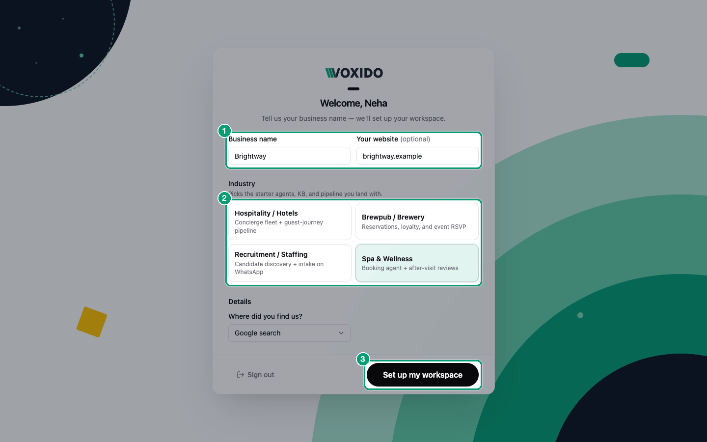 First setup screen with business name, website and industry