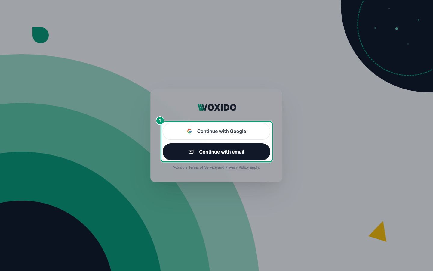 Voxido sign-in screen with Google and email options