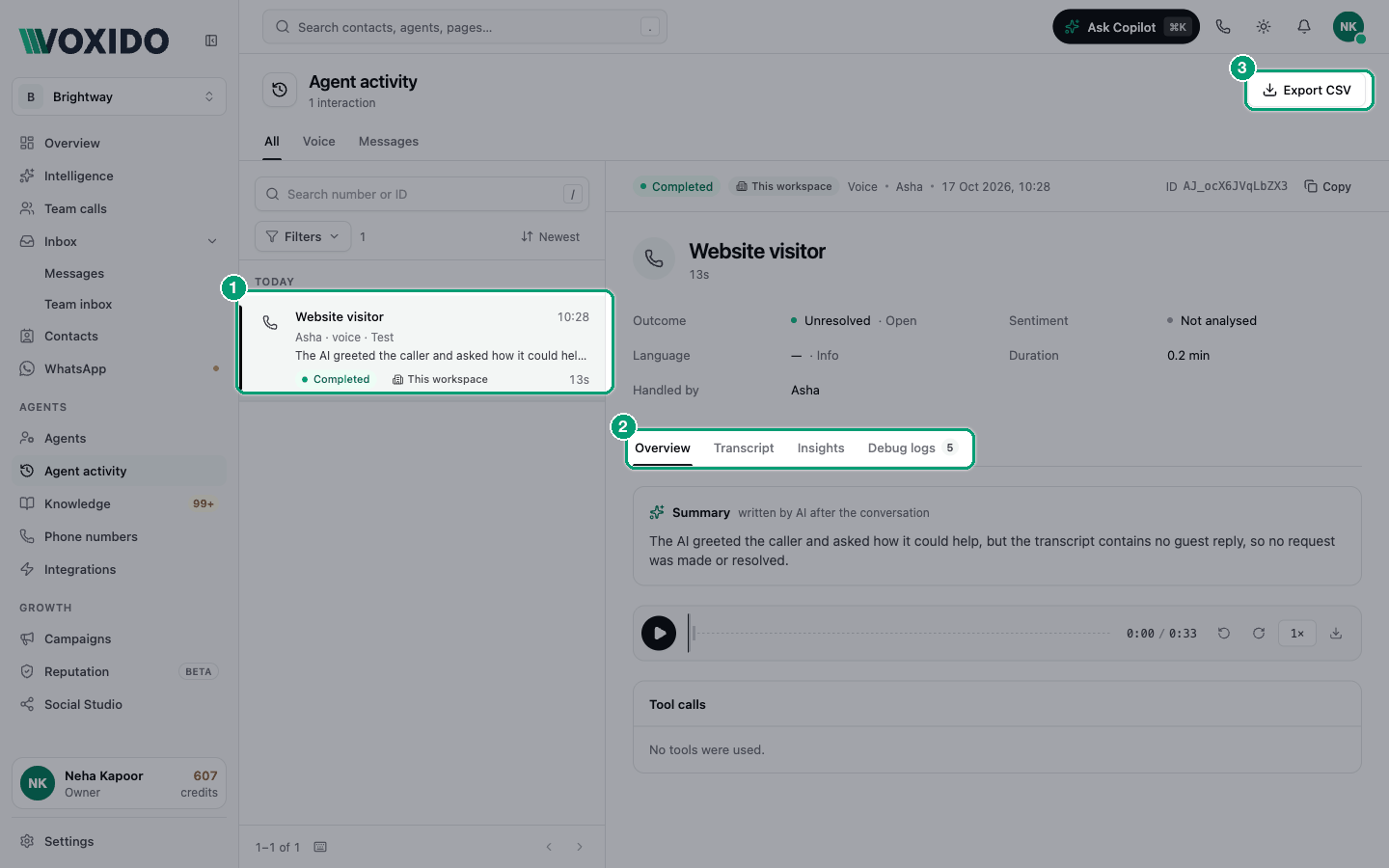 Agent activity — list and detail