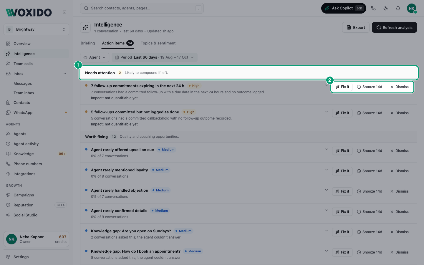 Intelligence — Action items tab