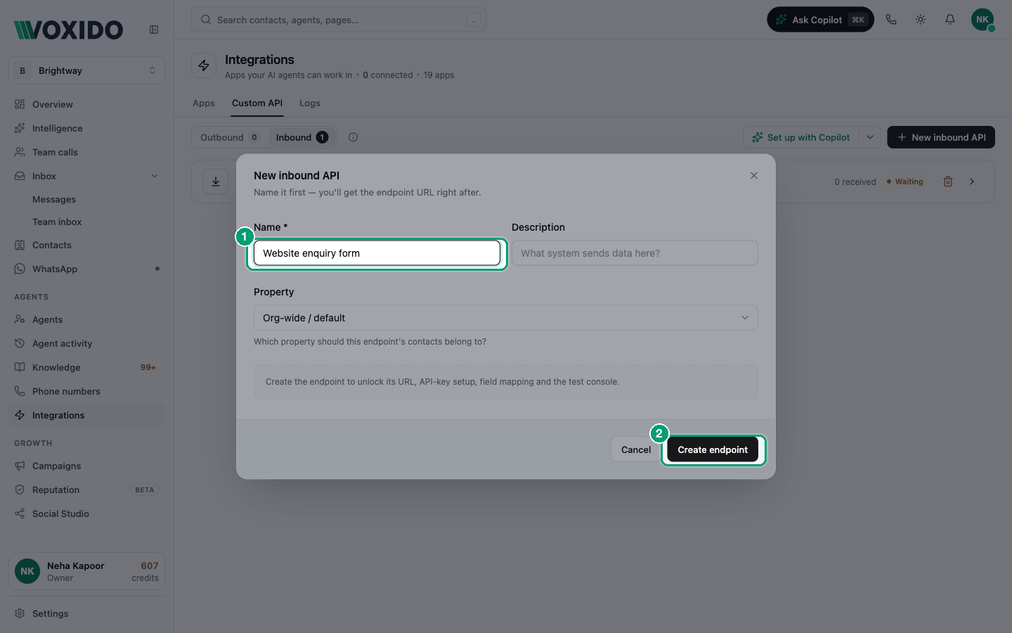 Inbound API panel