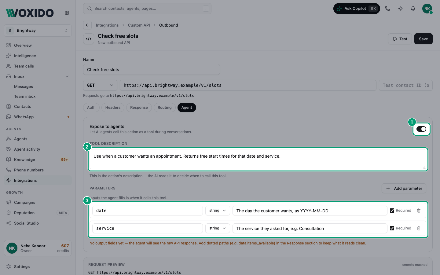 Agent tab of an outbound API