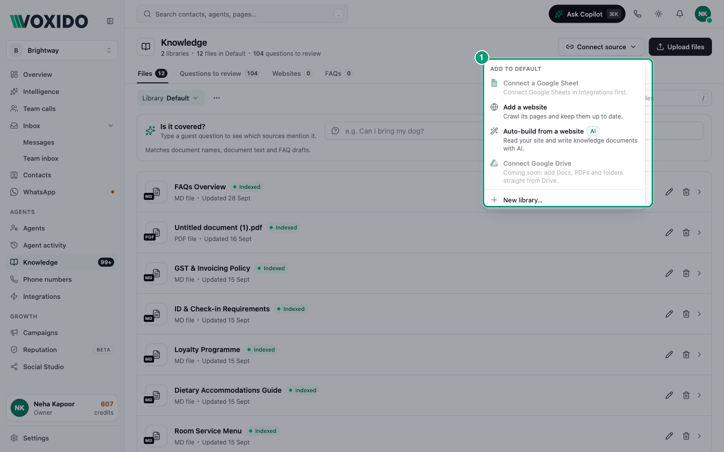 Knowledge → Connect source menu