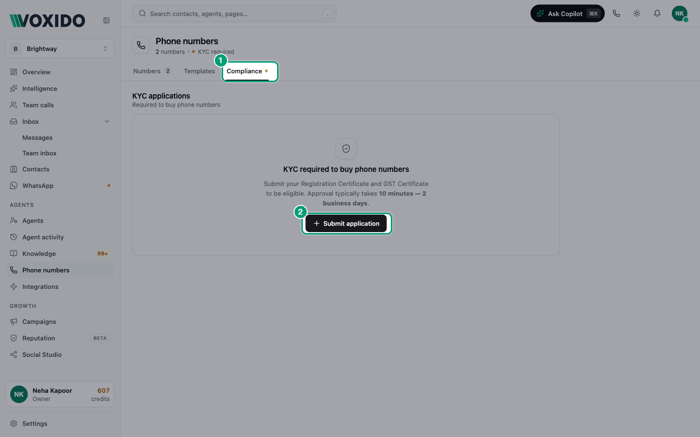 Compliance tab with one pending application