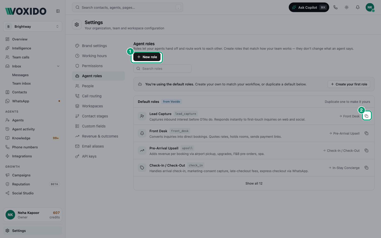 Settings → Agent roles with your roles and the default roles