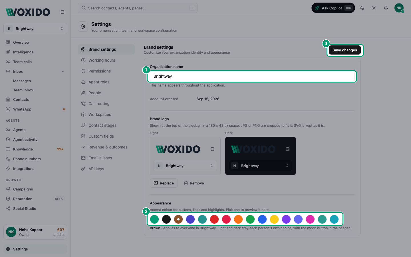 Brand settings with organization name, logo and accent colour