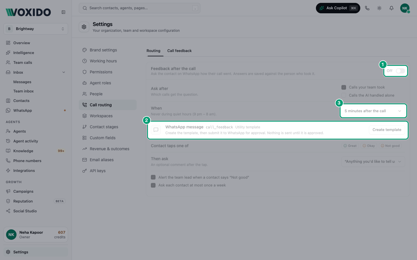 Call feedback tab