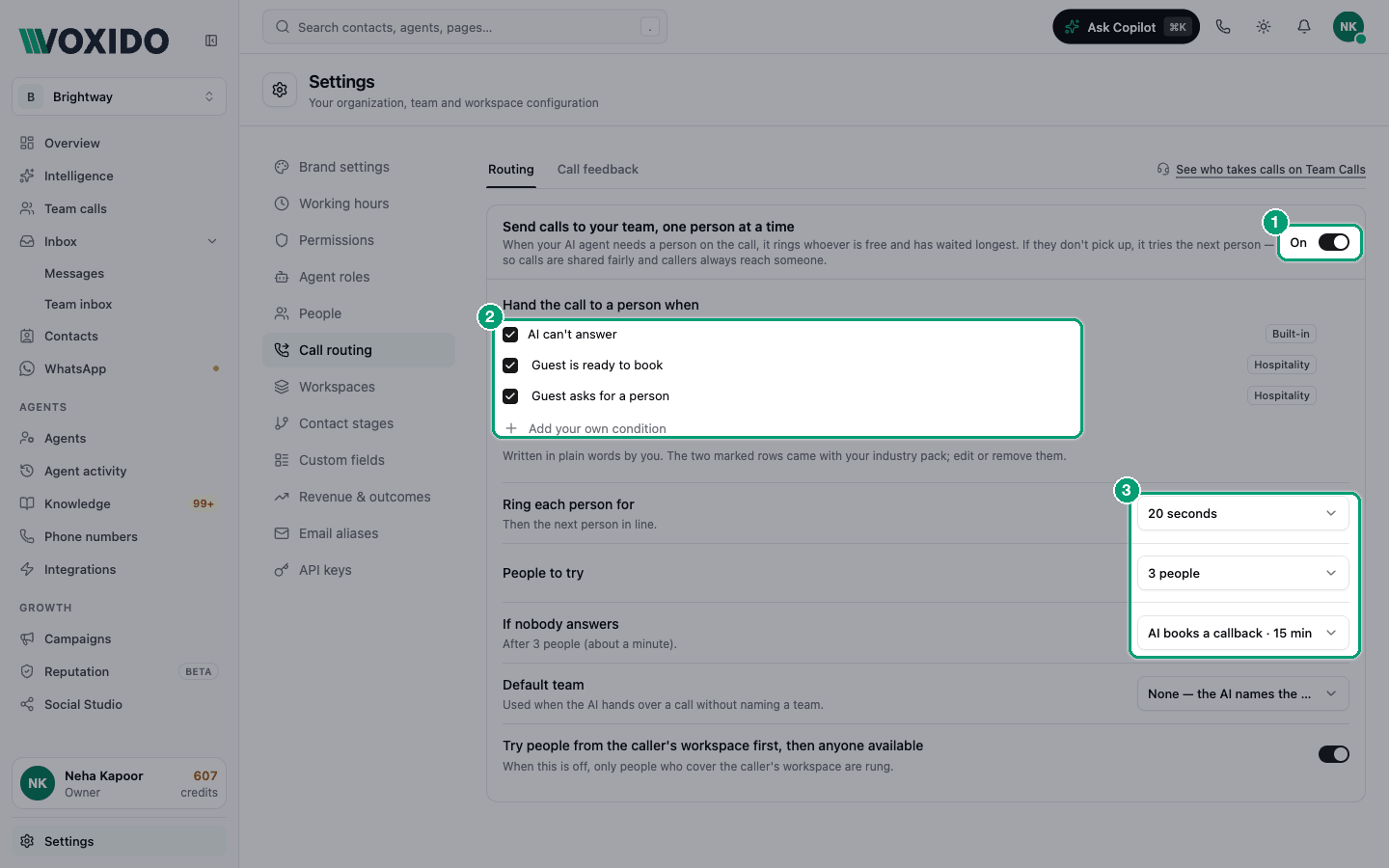 Call routing settings — Routing tab