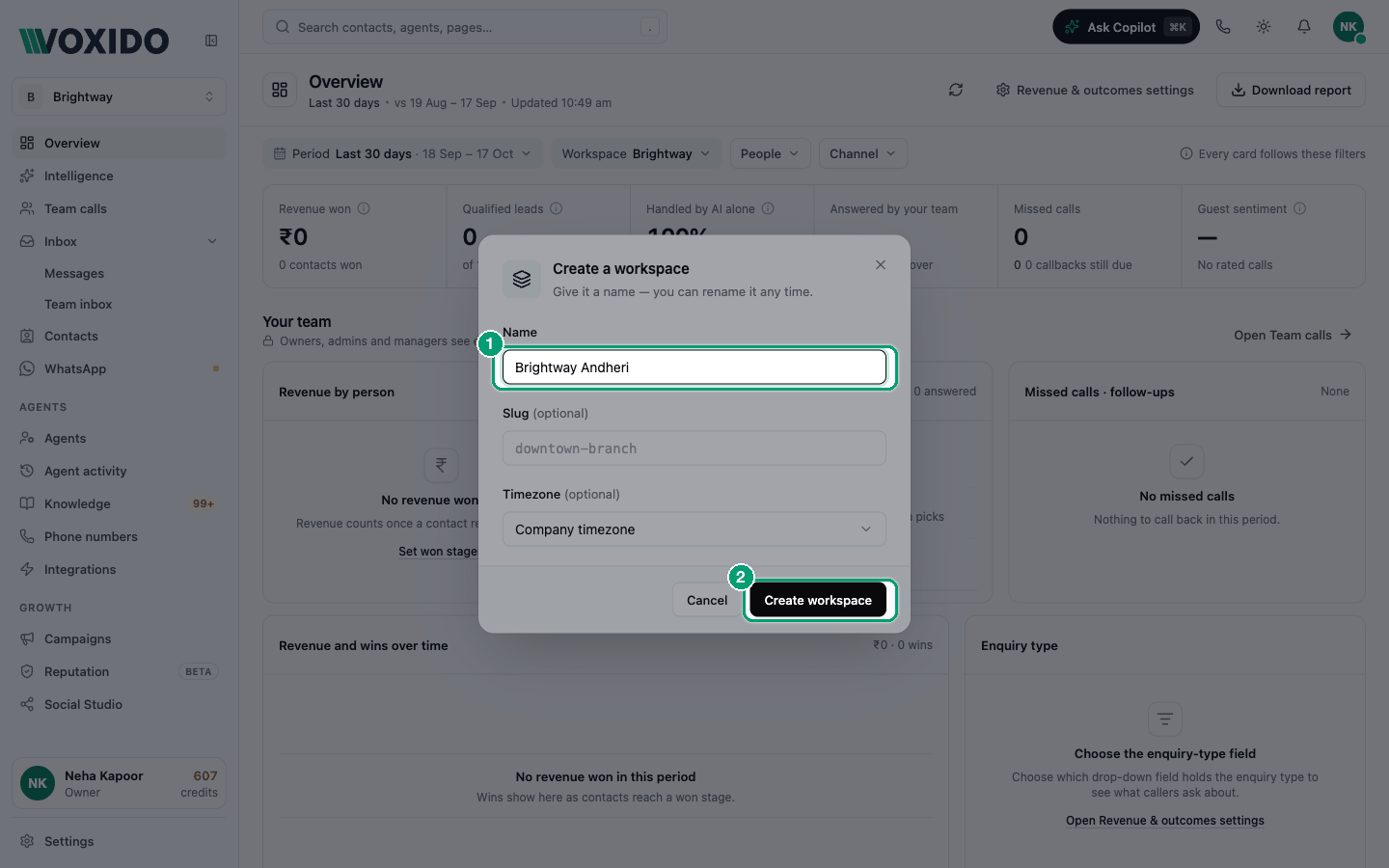 Create a workspace dialog