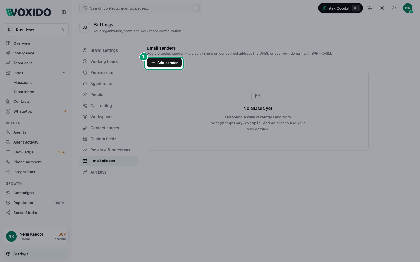 Settings → Email aliases (Email senders)