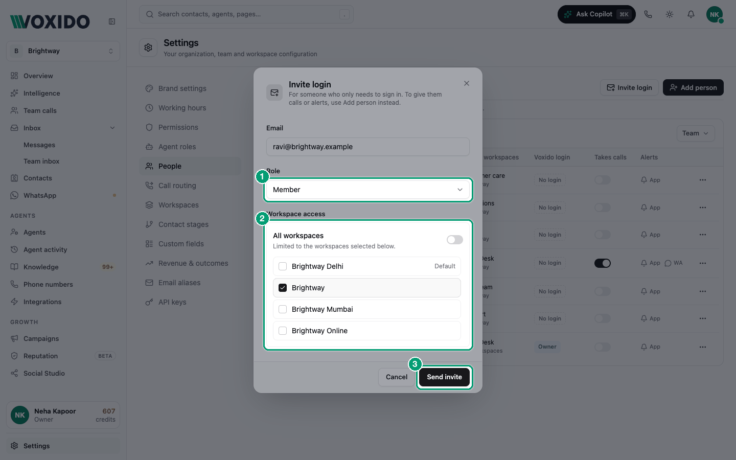 Invite login window with email, role and workspace access