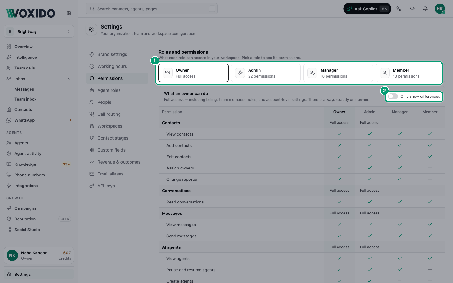 Settings → Permissions with the four role cards