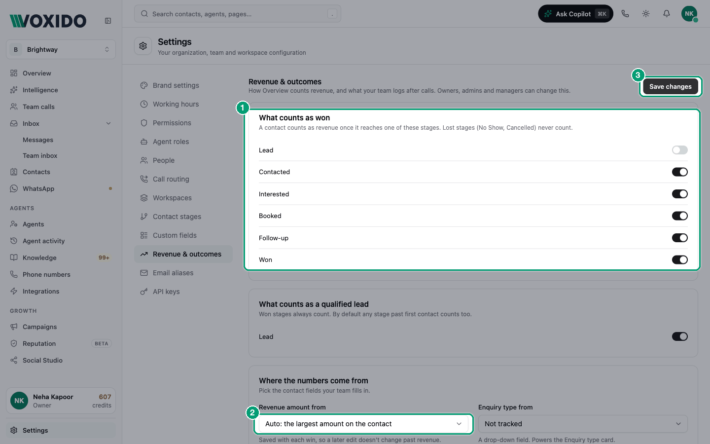 Settings — Revenue & outcomes