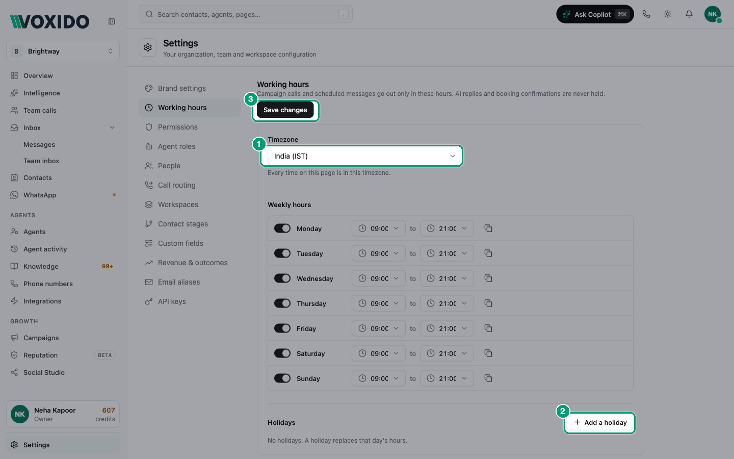 Working hours tab