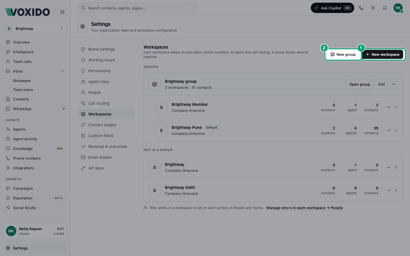 Settings → Workspaces with a group