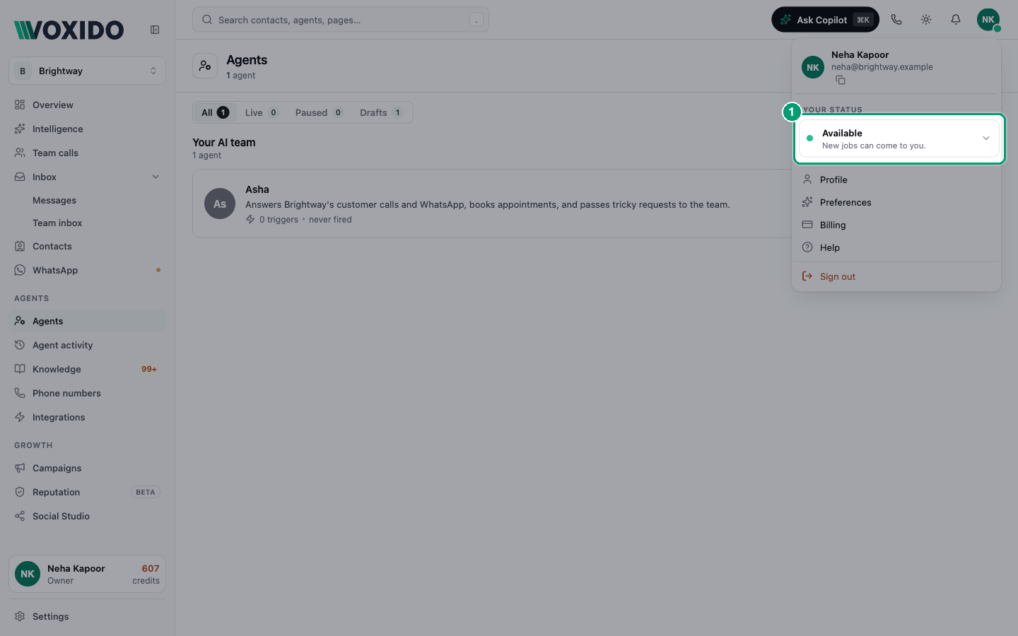Your status in the profile menu