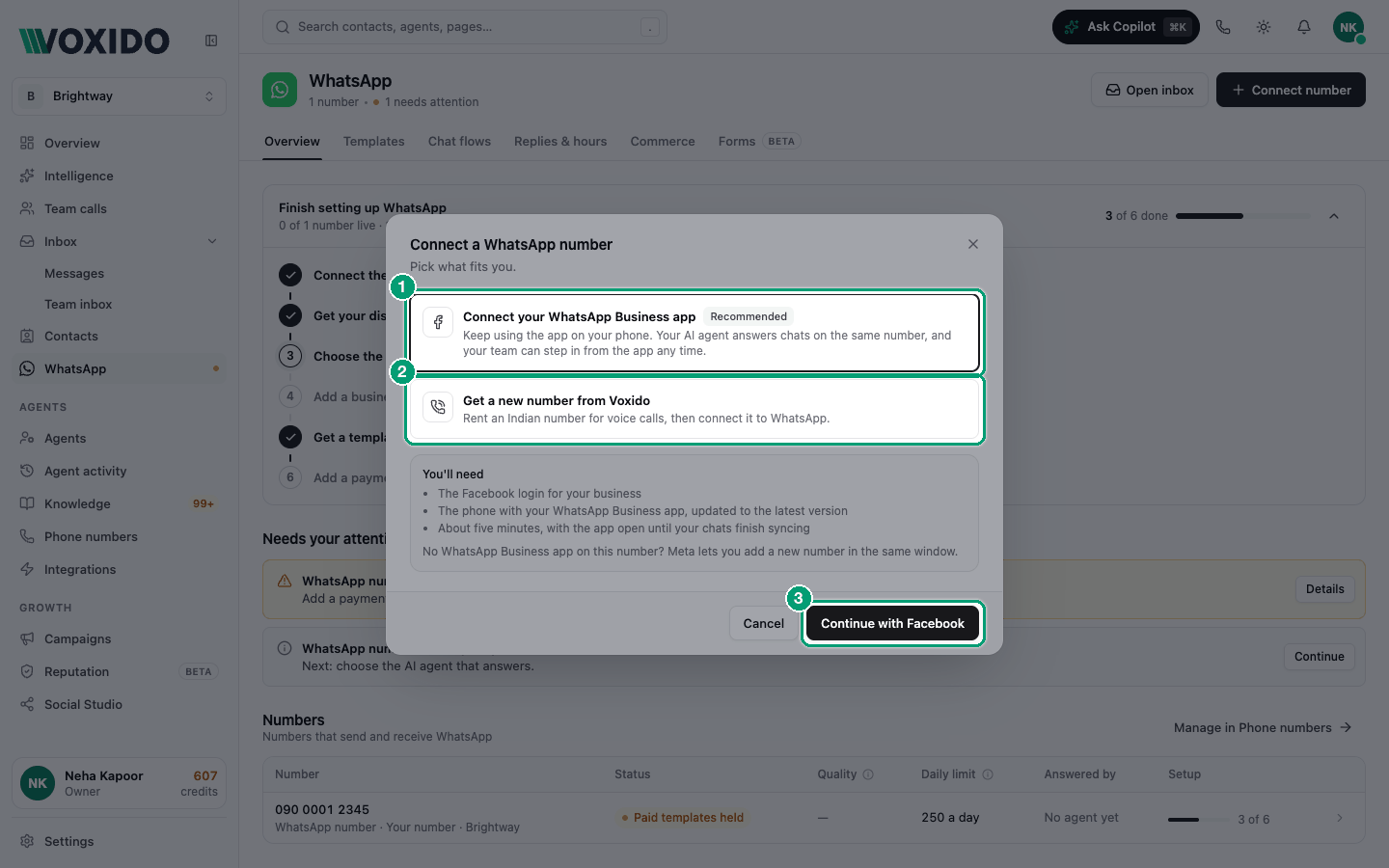 Connect a WhatsApp number dialog