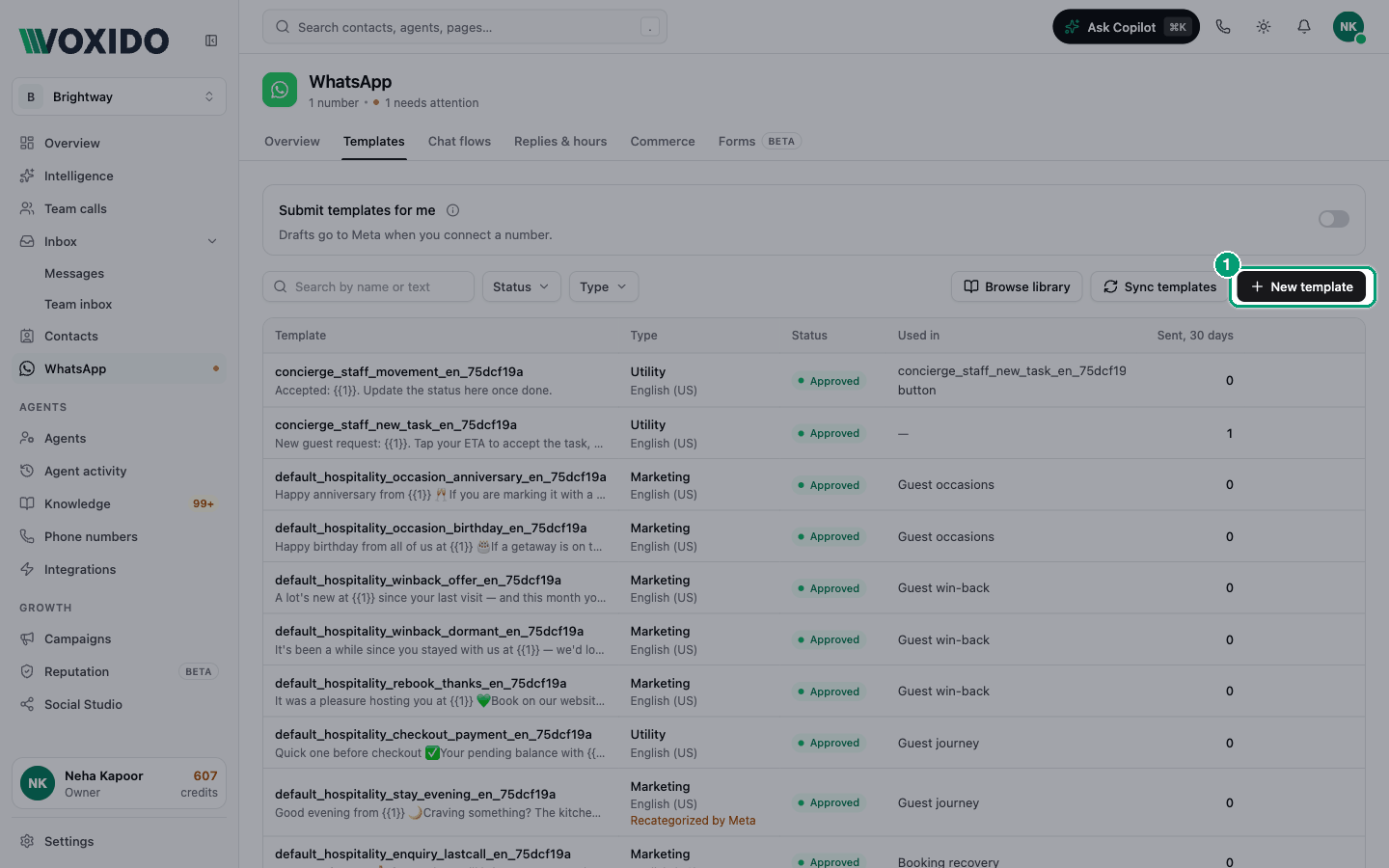 WhatsApp → Templates list